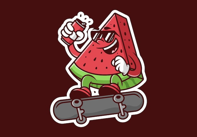 Vecteur caractère de pastèque rouge sur le skateboard tenant une canette de bière