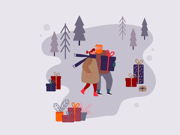 Vecteur caractère de personnes shopping sur le marché de noël ou foire extérieure de vacances sur la place de la ville, fête du nouvel an. homme et femme achetant des cadeaux et des cadeaux, boutique de fête. illustration de conception de vecteur