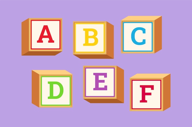 Vecteur caractère plat dessin mignon alphabet cubes avec lettres abc blocs lecture éducation pour enfant abc lettres blocs d'apprentissage pour enfants alphabet cubes avec lettres dessin animé conception illustration vectorielle