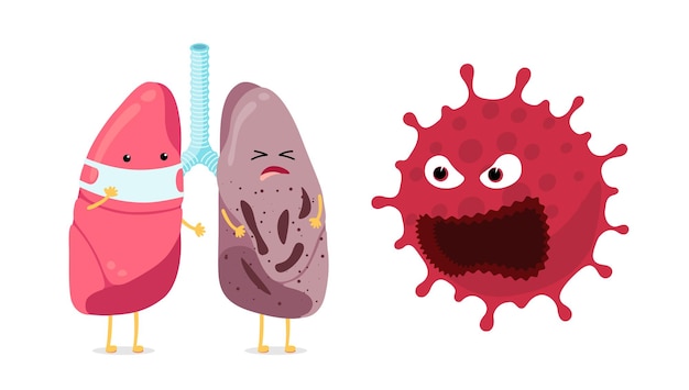 Caractère Pulmonaire Sain Portant Un Masque Facial Et Des Poumons Malades Et Malsains Infectés Par Un Coronavirus