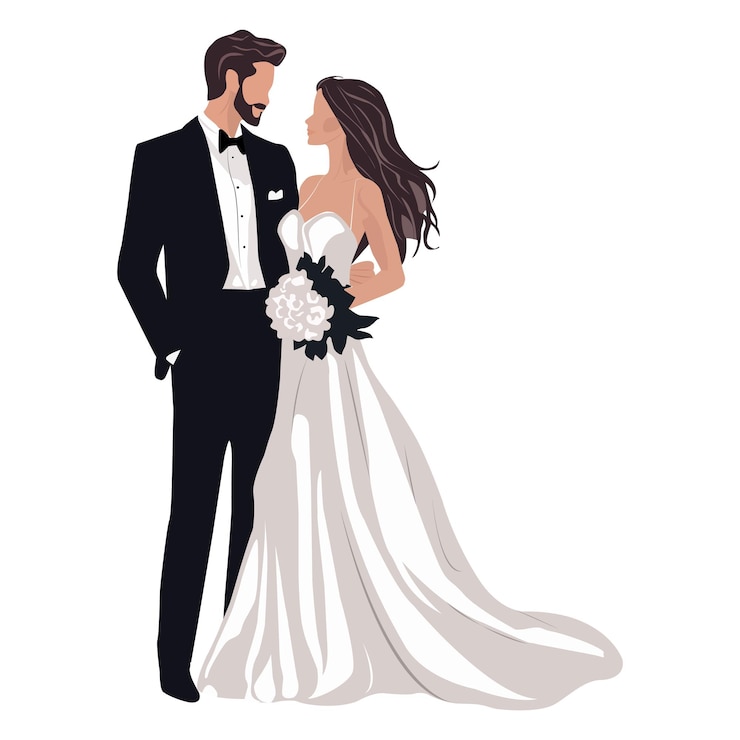 Vecteur caractère vectoriel du beau couple de mariage tenant un bouquet