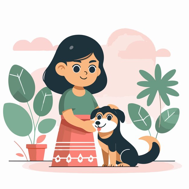 Vecteur caractère vectoriel d'une fille avec un style de design plat simple et minimaliste de chien