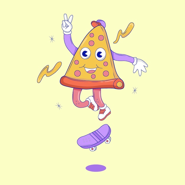 Vecteur caractère vectoriel de pizza drôle sur un dessin animé de planche à roulettes