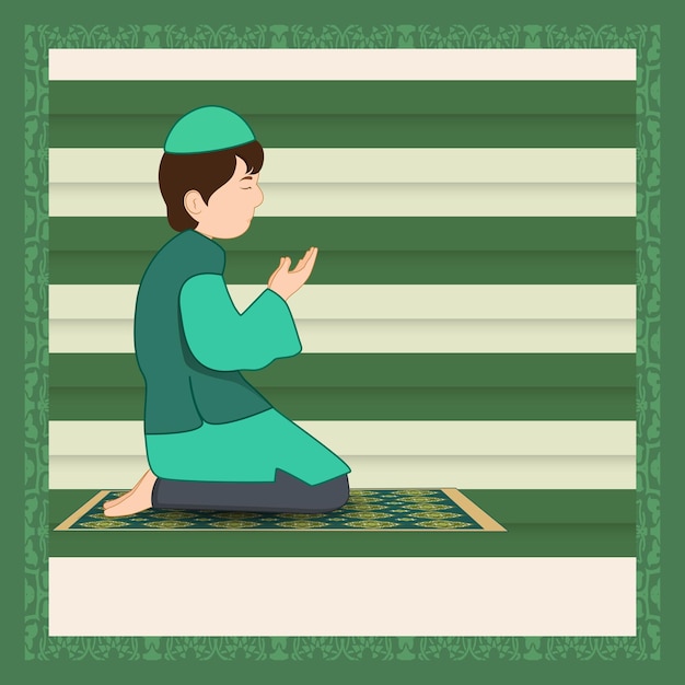 Vecteur caractère de vue latérale d'un jeune garçon musulman offrant la prière namaz sur le festival islamique de tapis vert carte de vœux