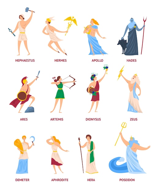 Caractères de dessins animés de couleur Dieux grecs anciens Vector