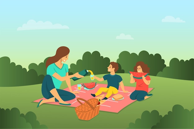 Caractères de dessins animés en couleur Personnes Famille faisant un pique-nique et une scène de paysage Concept vectoriel
