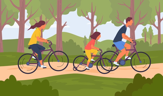 Caractères de dessins animés en couleur Personnes Famille à vélo ensemble Vecteur de concept