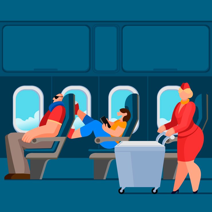Vecteur caractères de dessins animés en couleur personnes et intérieur de l'avion à l'intérieur du vecteur conceptuel
