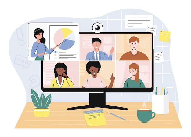 Caractères de dessins animés couleur Personnes et vidéoconférence Conception de travail à distance Vector