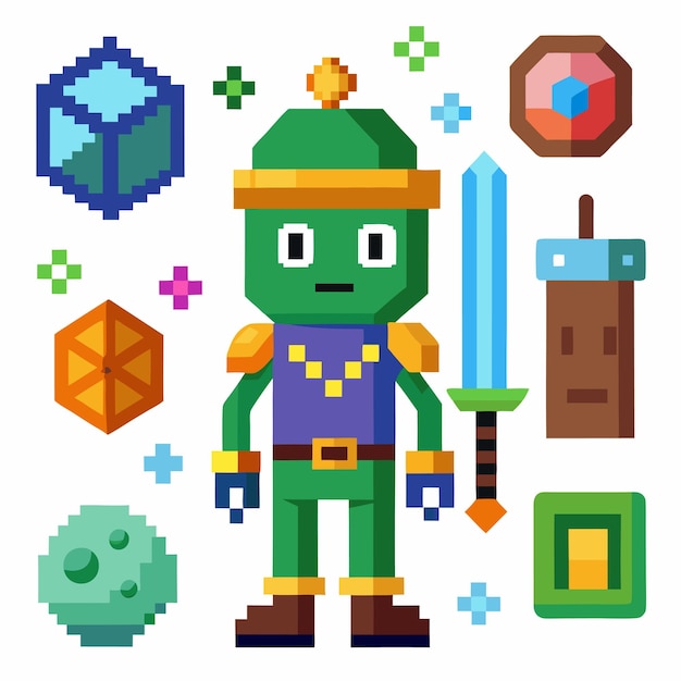 Caractères et éléments créatifs de pixels dans le style d'art vectoriel