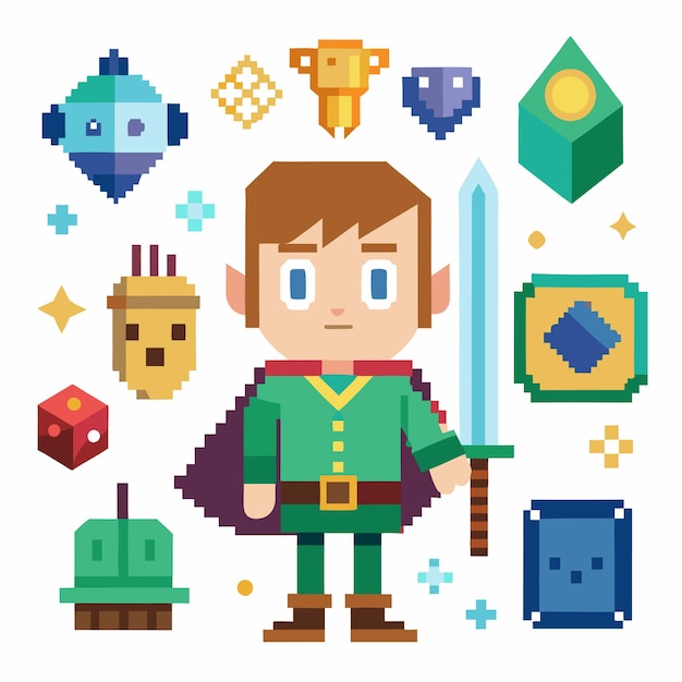 Caractères et éléments créatifs de pixels dans le style d'art vectoriel