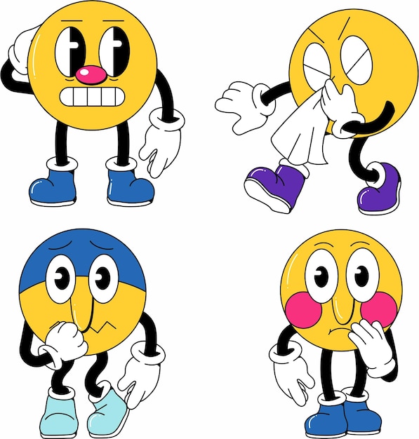 Caractères émoticoniques de dessins animés rétro avec diverses expressions