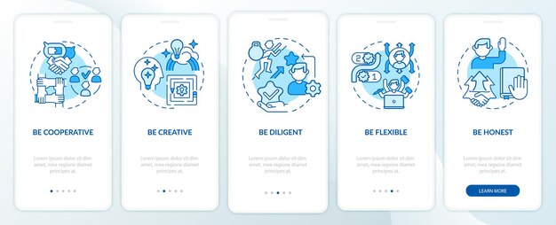 Caractéristiques Pour L'avancement De Carrière écran Bleu De La Page D'intégration De L'application Mobile. Procédure Pas à Pas Pour Succès, Instructions Graphiques En 5 étapes Avec Concepts. Modèle Vectoriel Ui, Ux, Gui Avec Illustrations En Couleurs Linéaires