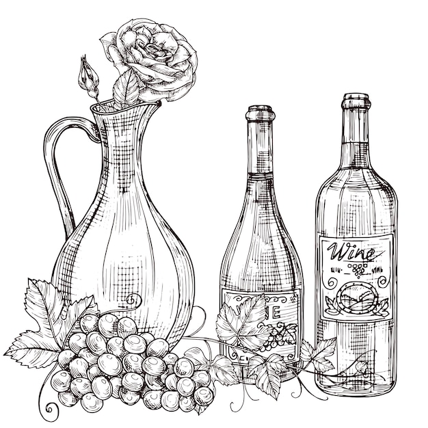 Carafe à Vin Dessinée à La Main Avec Des Roses, Des Bouteilles De Vin, Illustration De Raisin