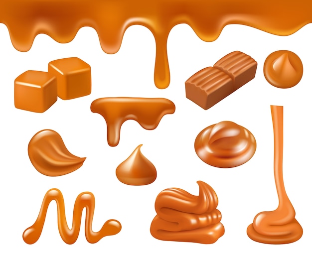 Caramel réaliste. Bonbons bonbons sauces alimentaires liquides caramel gouttes et éclaboussures collection. Illustration, cube et fusion