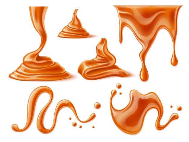 Caramel réaliste fondu gouttes liquides gouttes et flaques de sirop de sucre taches et frottements bonbons désordre dessert garniture délicieuse dessert confiserie goutte de caramel ensemble vectoriel utter