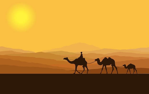 Caravane avec des chameaux dans le désert avec des montagnes en arrière-plan.