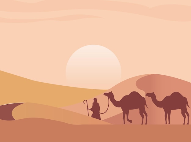 Vecteur une caravane de chameaux avec des gens qui marchent le long du désert