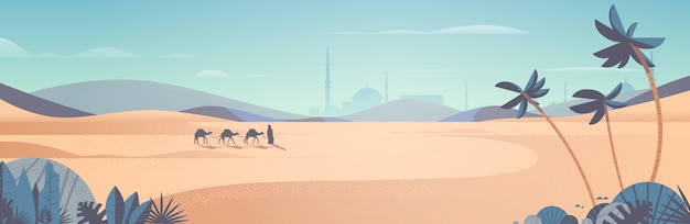 Caravane de chameaux en passant par le désert carte de voeux eid mubarak ramadan kareem modèle illustration horizontale paysage arabe