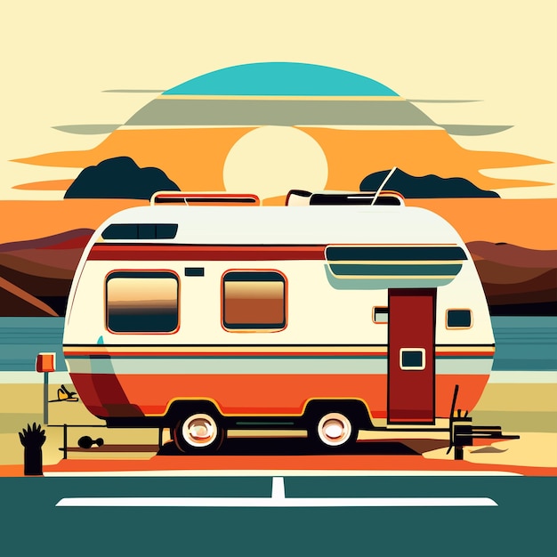 Vecteur caravane orange et blanche illustration vectorielle soleil nuages et montagnes