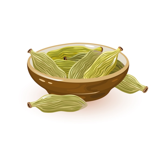 La cardamome verte ou les gousses de cardamome sont dans un bol en céramique