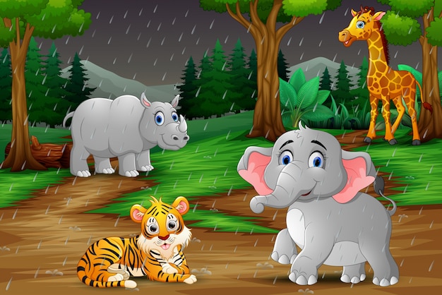 Caricature D'animaux Sauvages Sous La Pluie Dans Une Forêt