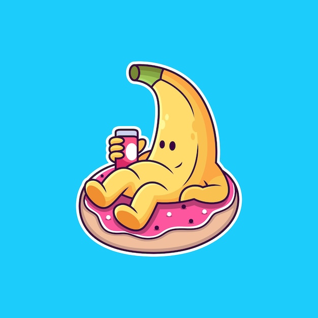 Caricature De Banane Se Détendre Sur Un Beignet Avec Une Pose Mignonne