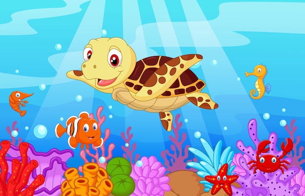 Caricature de bébé tortue mignon avec des poissons de collection