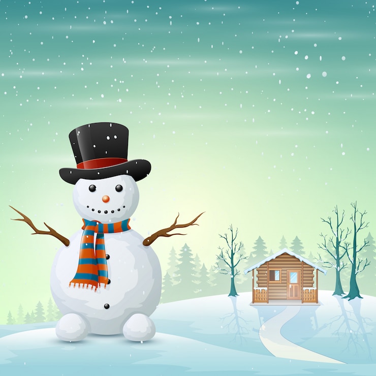 Vecteur caricature d'un bonhomme de neige et d'un village enneigé