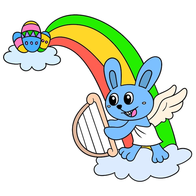 Caricature De Célébration Accueillant Le Jour De Pâques Avec Un Lapin Et Un Arc-en-ciel Fantastiques, Illustration Art. Doodle Icône Image Kawaii.