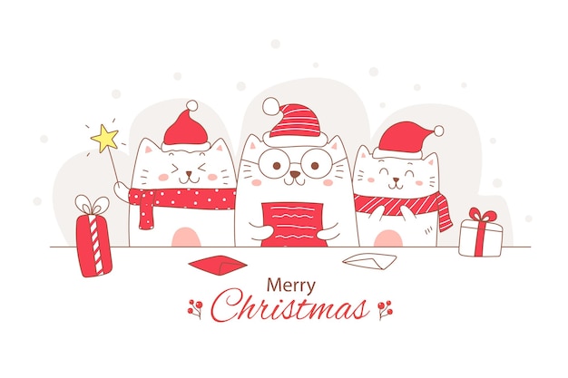 Caricature De Chat Mignon Lisant Une Lettre Pour Noël Doodle Dessinés à La Main