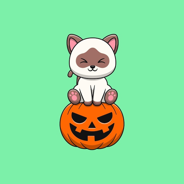 Vecteur caricature de chat siamois assis sur la citrouille d'halloween style de dessin animé plat