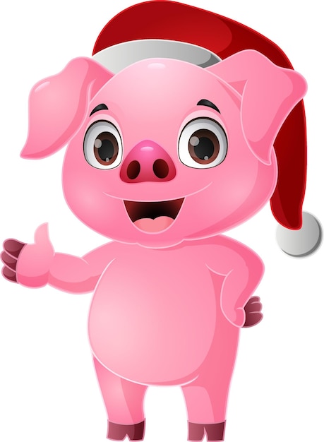 Caricature De Cochon Mignon Portant Bonnet De Noel Agitant La Main