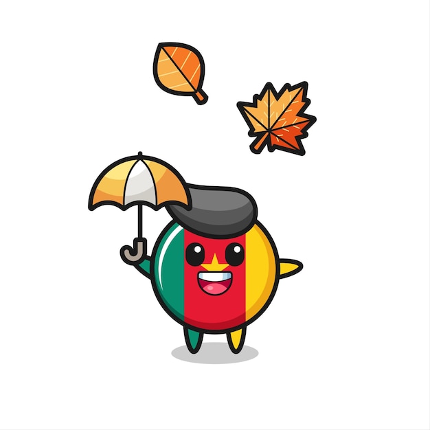 Caricature du mignon insigne du drapeau camerounais tenant un parapluie en automne