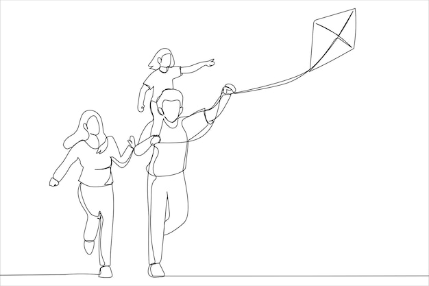 Caricature du père de famille heureux de la mère et de l'enfant fille lancer un cerf-volant sur la nature Style d'art en ligne continue unique