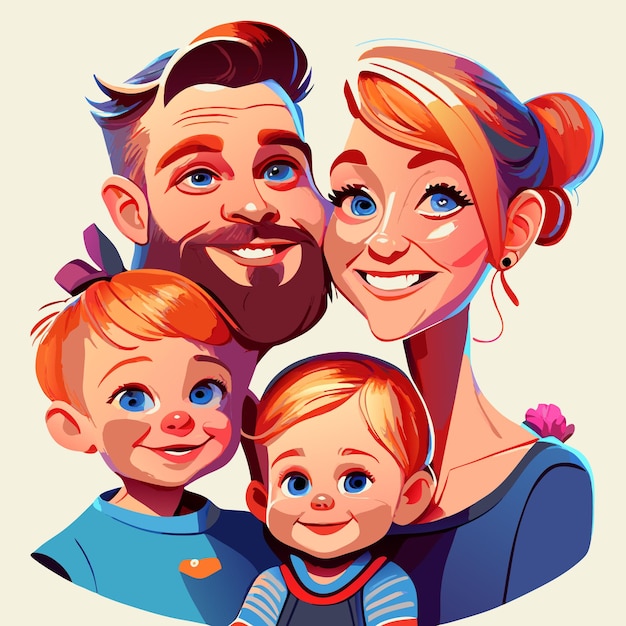 Vecteur caricature d'une famille avec deux enfants art numérique pleine tête et épaules réaliste vif