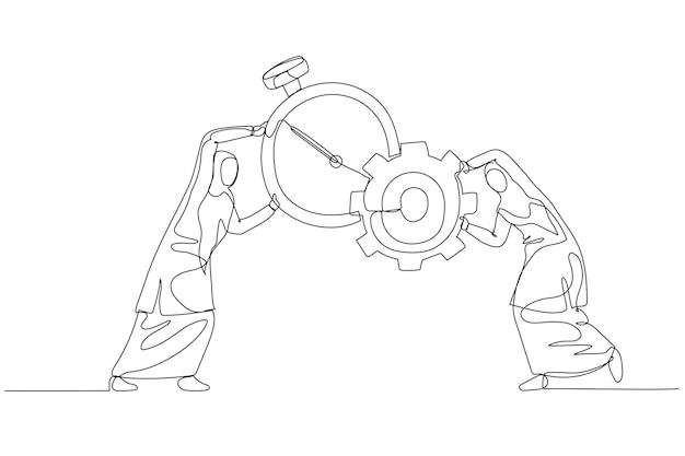 Caricature De Femme D'affaires Musulmane Combiner Horloge Avec Et Concept De Roue Dentée De Gestion Du Temps Et De Production Dessin Au Trait Continu Unique