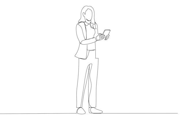 Caricature De Femme D'affaires Tapant Sur Un Téléphone Portable Dessin Au Trait Continu