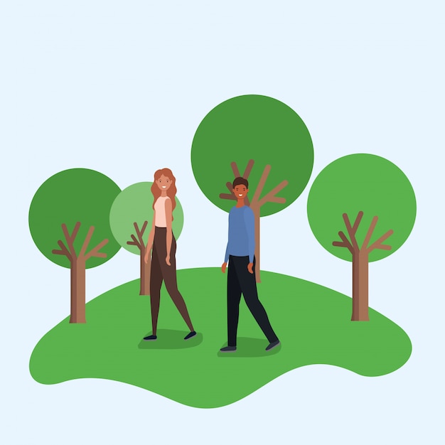 Vecteur caricature de femme et homme marchant au parc avec conception de vecteur d'arbres