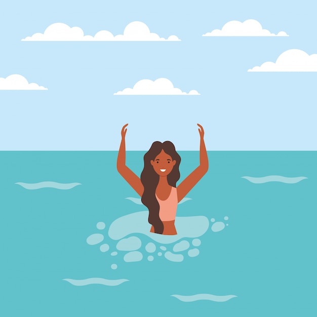 Caricature De Fille Avec Maillot De Bain Dans La Conception De Vecteur De Mer