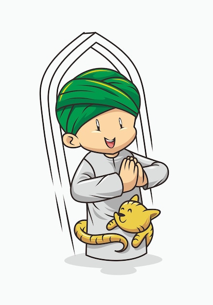 Vecteur caricature de garçon musulman smiley