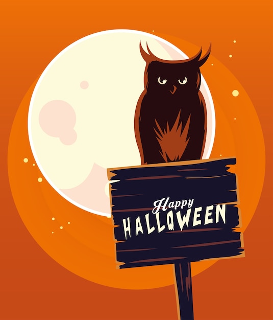 Vecteur caricature de hibou d'halloween sur la bannière en bois devant la conception de la lune, les vacances et le thème effrayant