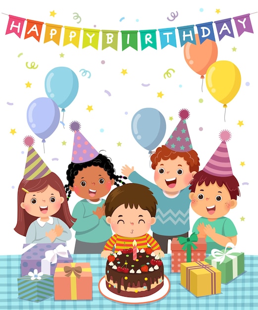 Caricature d'illustration vectorielle d'un groupe heureux d'enfants s'amusant à la fête d'anniversaire