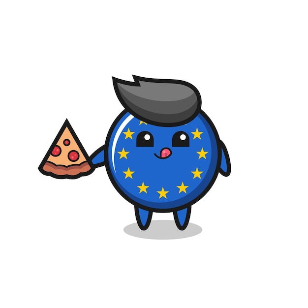 Caricature D'insigne De Drapeau Europe Mignon Manger De La Pizza