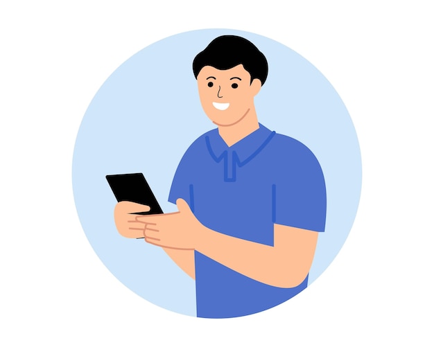 Caricature d'un jeune homme partageant des moments de vie sur les réseaux sociaux ou d'un homme tenant un smartphone