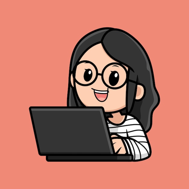 Caricature de jolie fille avec illustration de conception d'ordinateur portable