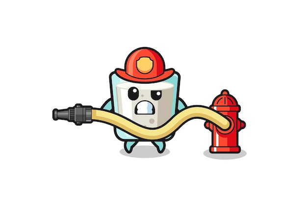 Vecteur caricature de lait en tant que mascotte de pompier avec tuyau d'eau