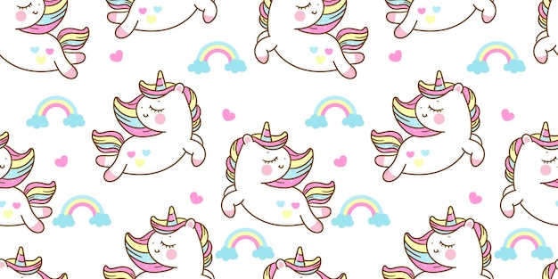 Caricature de licorne modèle sans couture avec animal kawaii arc-en-ciel