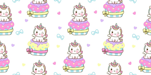 Caricature De Licorne Modèle Sans Couture S'asseoir Sur Un Animal Kawaii Cupcake Pastel