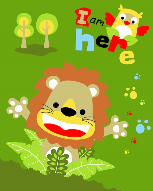 Caricature de lion heureuse avec hibou